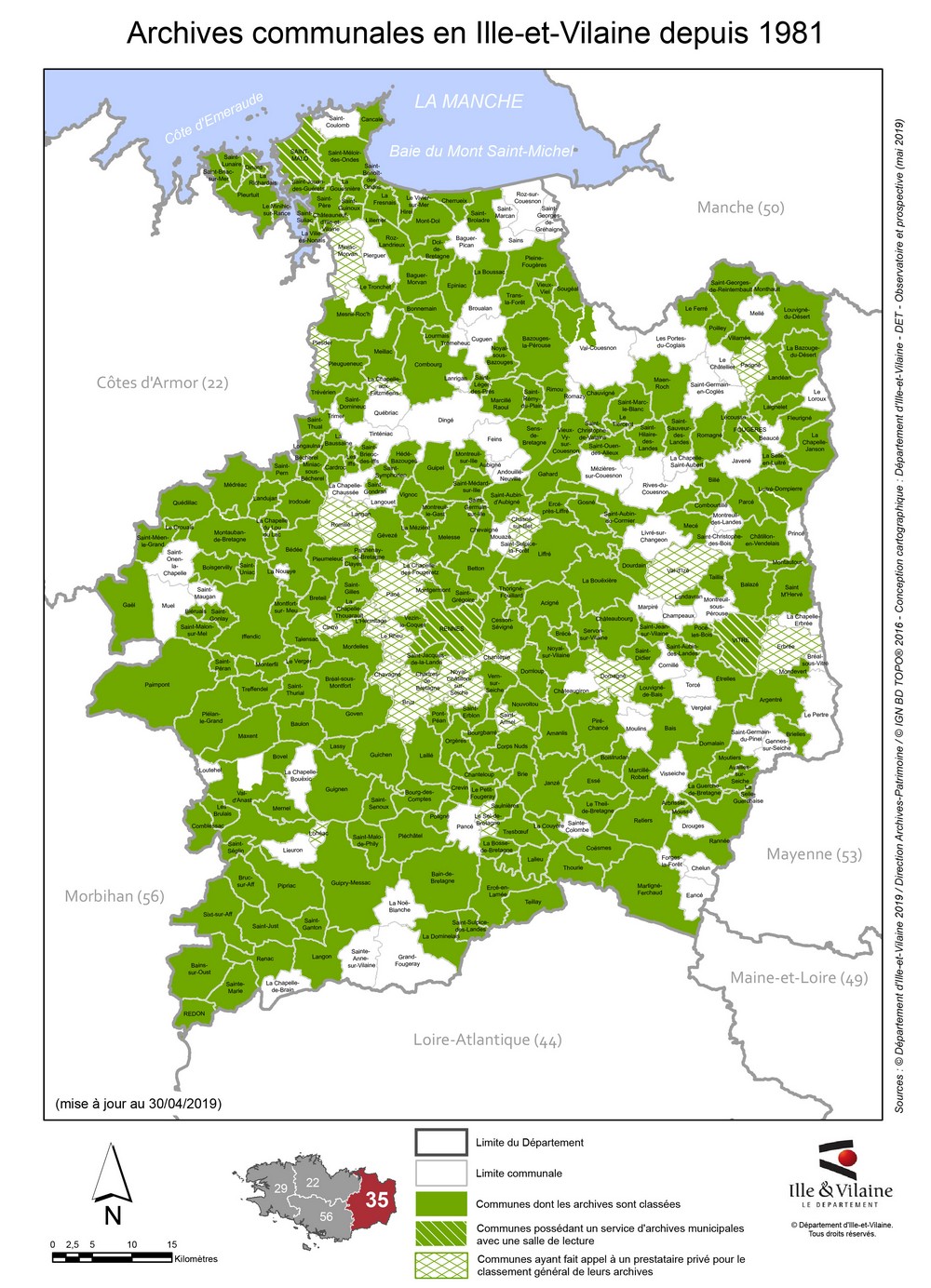 Carte avec l'état de classement des archives dans les communes