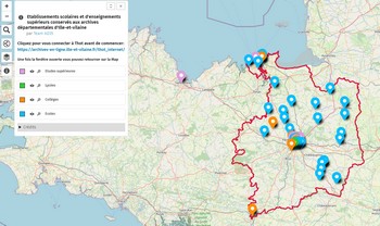 Carte présentant les fonds des établissements scolaires et supérieurs conservés aux ADIV